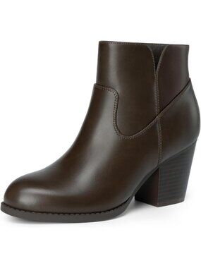 Women's Brown Chunky Heeled Comfortable Round Toe with Side Zipper Ankle Booties